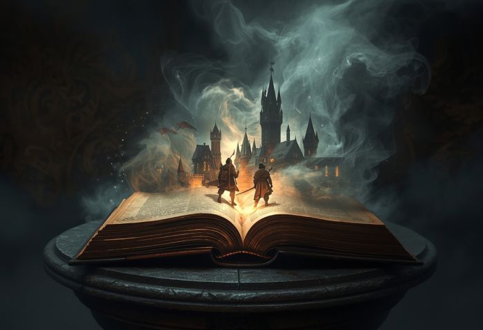 Ein altes, aufgeschlagenes Fantasybuch liegt auf einem Podest, aus seinen Seiten steigen Rauch und Magie auf. Zwei Figuren schreiten in eine leuchtende Burgkulisse, während ein Drache über ihnen kreist.