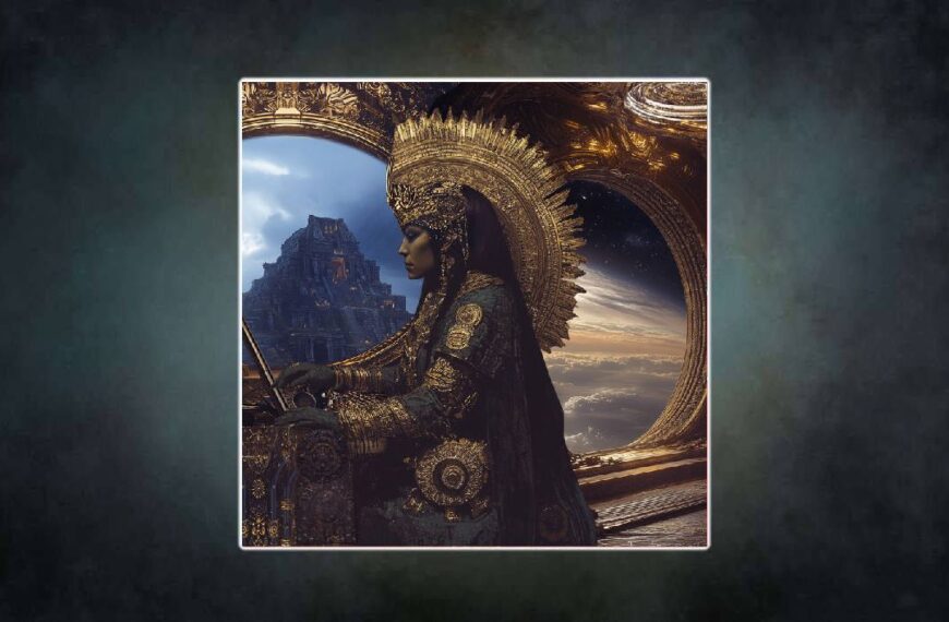 Albumcover Black Rose Burning – The Fear Machine: Eine in Gold gehüllte, futuristisch anmutende Königin mit Maya-/Azteken-inspiriertem Kopfschmuck sitzt in einem Raumschiff. Durch die Fenster sind ein Tempel in den Bergen und ein ferner Planet im All zu sehen. Mischung aus Sci-Fi, Mythologie und Dystopie.