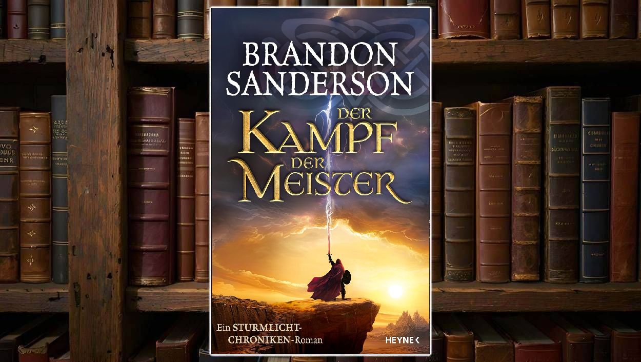 Cover von Der Kampf der Meister (Brandon Sanderson): epische Fantasy-Szene mit einer Gestalt im roten Mantel, die ein Schwert in den Himmel reckt, aus dem ein Blitz herabfährt.