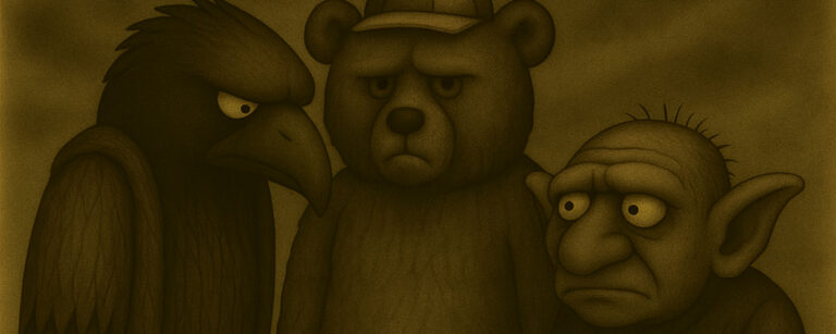 Sepiafarbene Cartoonzeichnung: Crowbah und Grabhold stehen neben einem Bären, der eine Kinderkappe mit kleinem Propeller trägt. Crowbah wirkt streng, Grabhold ratlos, der Bär schaut ernst.