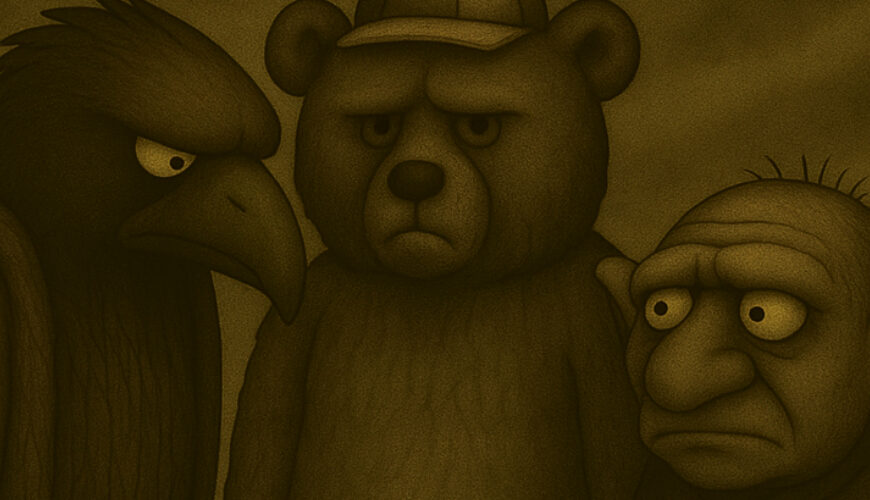 Sepiafarbene Cartoonzeichnung: Crowbah und Grabhold stehen neben einem Bären, der eine Kinderkappe mit kleinem Propeller trägt. Crowbah wirkt streng, Grabhold ratlos, der Bär schaut ernst.