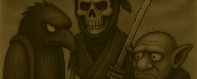 Sepia-Cartoon: Crowbah und Grabhold stehen neben einem skelettierten Ninja in zerrissener Montur mit Schwert. Der Ninja wirkt verwirrt. Crowbah schaut skeptisch, Grabhold unsicher.