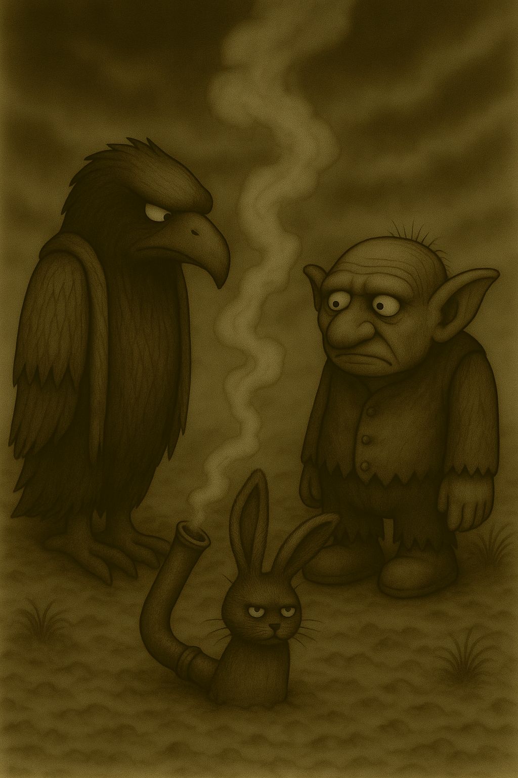 Cartoonhafte Illustration von Crowbah, der finsteren Krähenfigur, und seinem missmutigen Sidekick Grabhold. Im Hintergrund ragt das Skelett eines riesigen Drachen aus dem Nebel – gespenstisch und grotesk zugleich.
