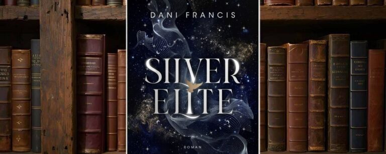Cover von Silver Elite von Dani Francis: schwarzer Hintergrund mit schimmernden Ornamenten und großem Titel in Metallic-Optik, YA-Fantasy-Look.