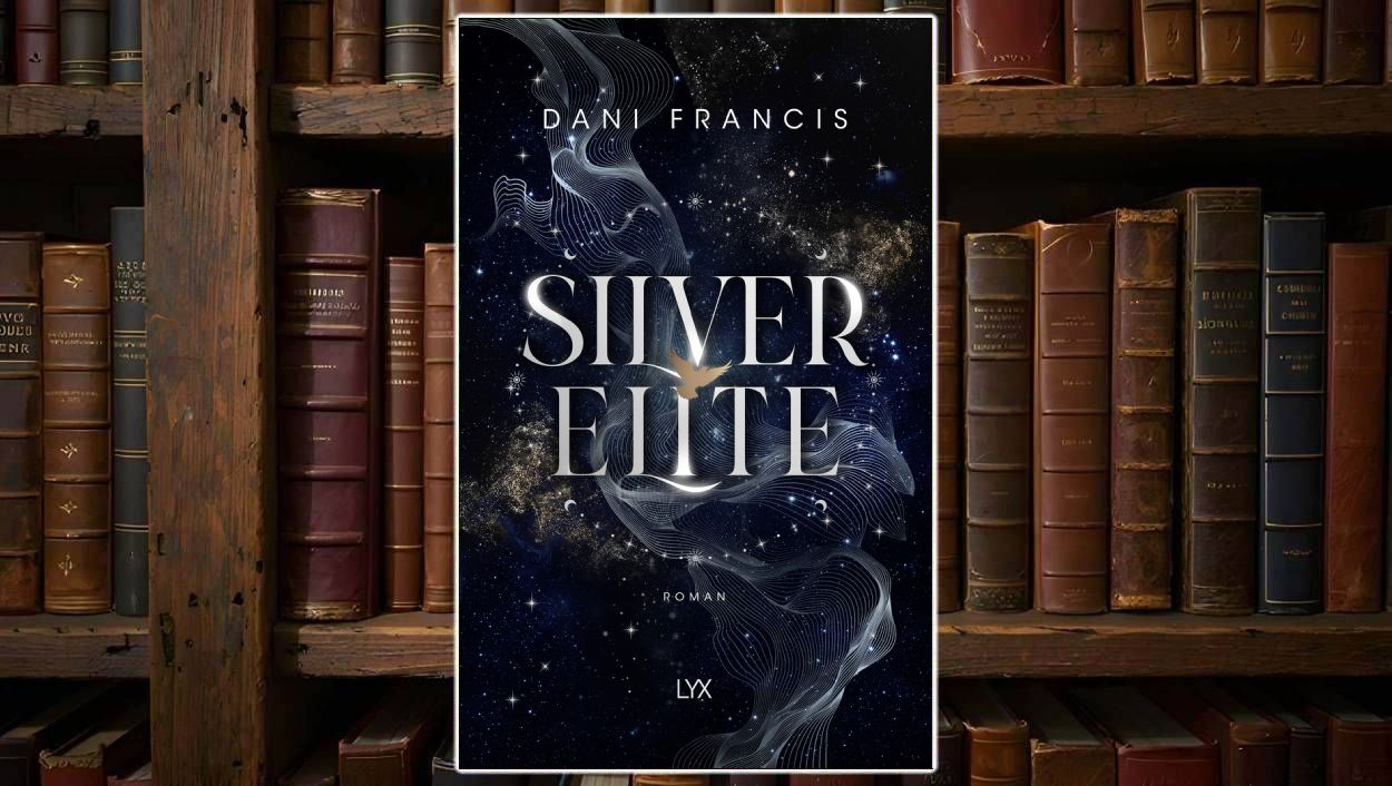 Cover von Silver Elite von Dani Francis: schwarzer Hintergrund mit schimmernden Ornamenten und großem Titel in Metallic-Optik, YA-Fantasy-Look.