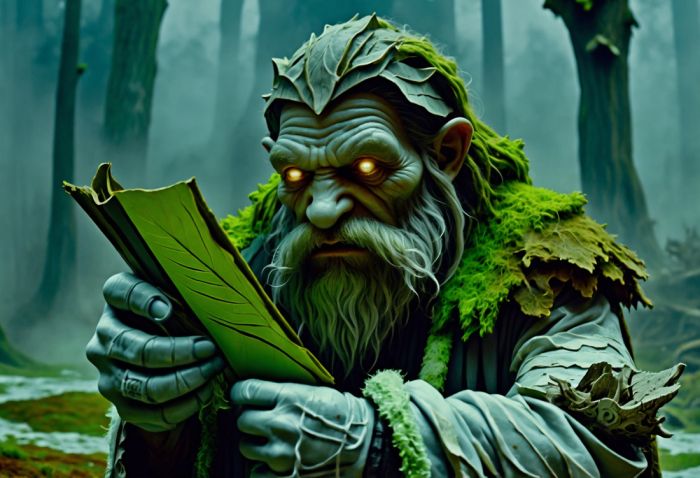 Ein Moosling mit glühenden Augen liest wütend in einem Blatt-Pergament im düsteren Wald.