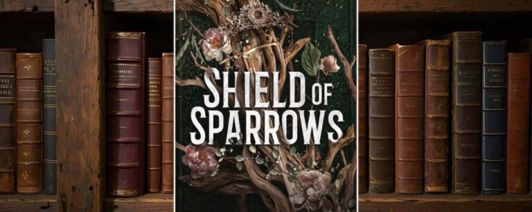 Cover von Shield of Sparrows von Devney Perry: Vor dunkelgrünem, ornamentalen Hintergrund winden sich knorrige Äste mit rosa Blüten. Zwischen den Zweigen liegt eine filigrane Krone. Darüber prangt der weiße Titel in markanter Typografie.