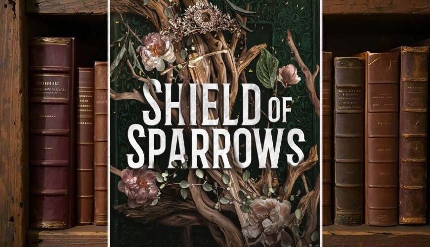 Cover von Shield of Sparrows von Devney Perry: Vor dunkelgrünem, ornamentalen Hintergrund winden sich knorrige Äste mit rosa Blüten. Zwischen den Zweigen liegt eine filigrane Krone. Darüber prangt der weiße Titel in markanter Typografie.