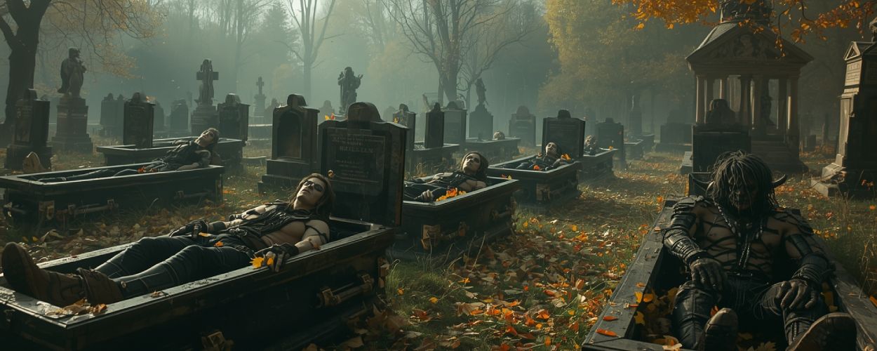 Herbstlicher Friedhof mit Nebel: offene Gräber voller finsterer Gestalten, über den Bäumen kreisen Drohnen wie unheilvolle Vorboten. Symbol für die düstere Comeback-Saison.