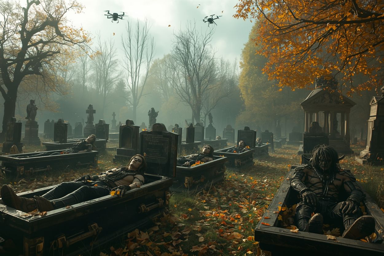 Herbstlicher Friedhof mit Nebel: offene Gräber voller finsterer Gestalten, über den Bäumen kreisen Drohnen wie unheilvolle Vorboten. Symbol für die düstere Comeback-Saison.