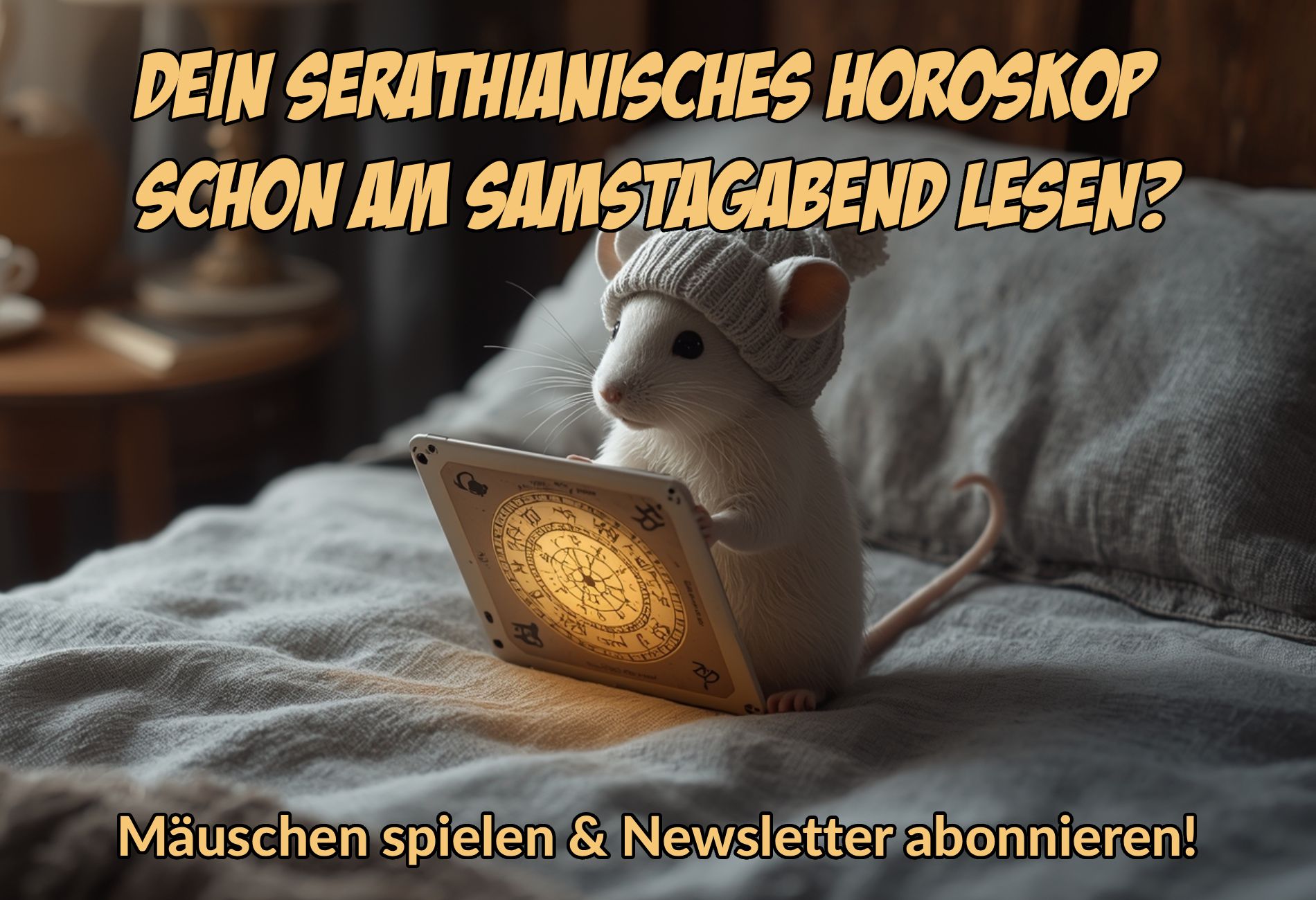 Eine kleine weiße Maus mit Wintermütze sitzt auf einem Bett und liest ein leuchtendes Tablet mit Sternzeichen. Text im Bild: „Dein serathianisches Horoskop schon am Samstagabend lesen? Newsletter abonnieren & Mäuschen spielen.