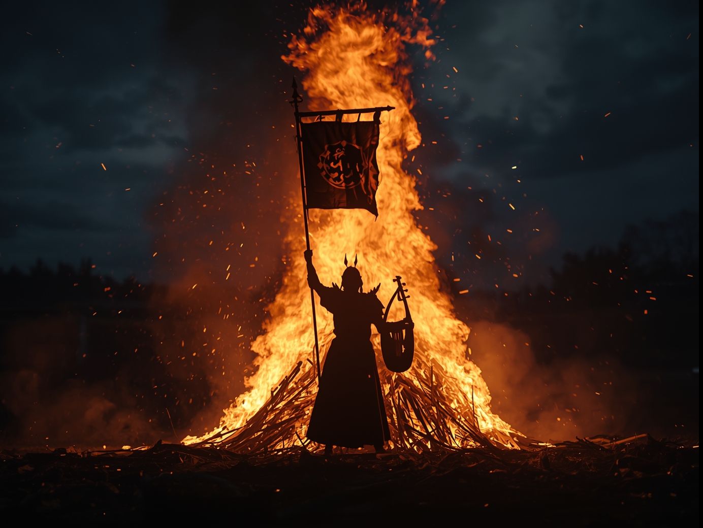 Silhouette eines Fantasy-Kriegers mit Fahne und Laute vor einem riesigen lodernden Feuer, Funken steigen in den Nachthimmel.