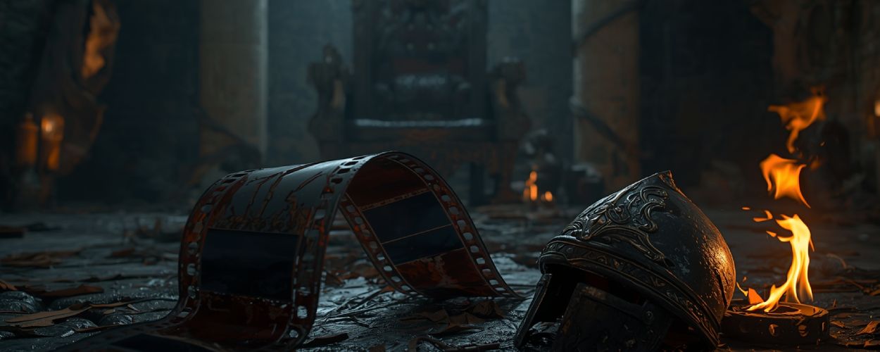 Verfallener Thronsaal mit brennender Filmrolle und Ritterhelm – Symbolbild für den Fantasy-Flop Seventh Son, der auf Netflix unerwartet durchstartet.