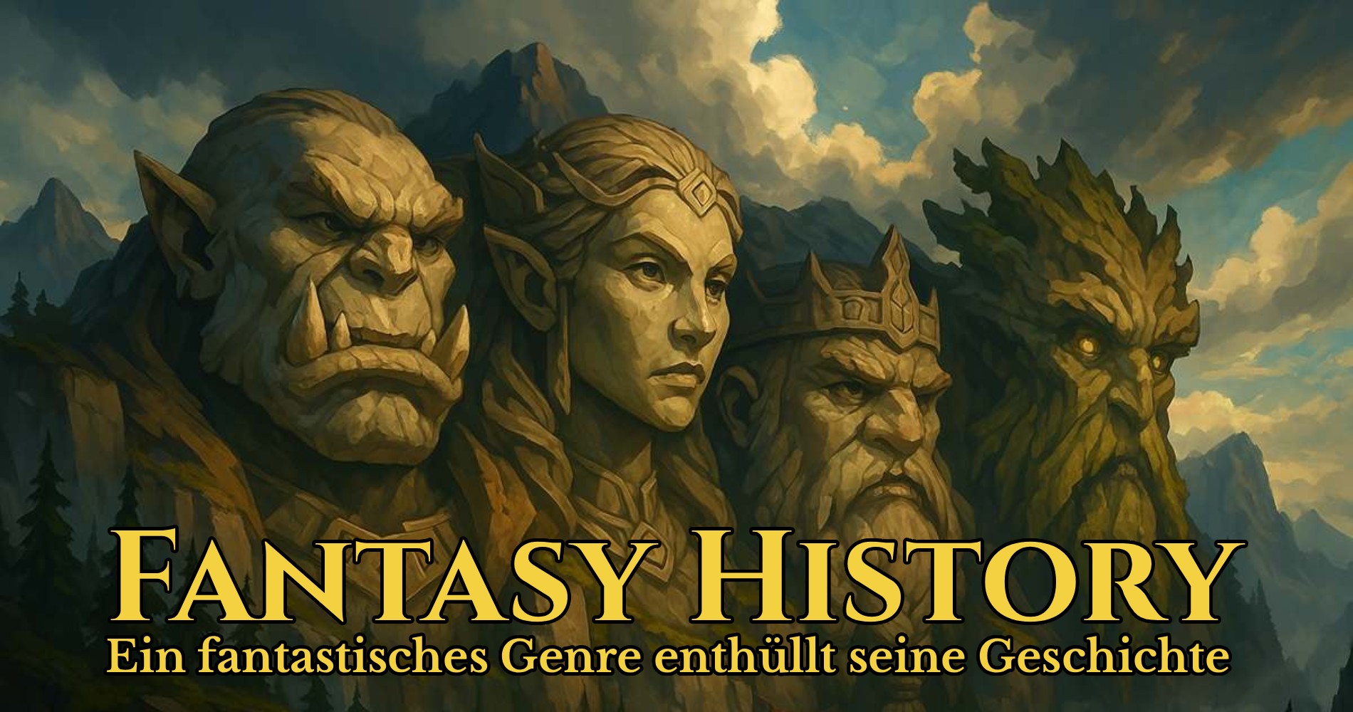 Monumentale Steinskulpturen von Ork, Elfe, Zwerg und Baumwesen vor Gebirgslandschaft – Symbol für die epische Chronik der Fantasy-Geschichte.