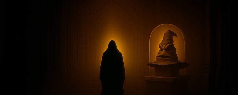 Ein düsterer Magier steht in einem gotischen Gewölbe vor einer Vitrine, in der ein alter, faltiger Zauberhut thront – Symbol für die magische Zeitenwende der modernen Fantasy.