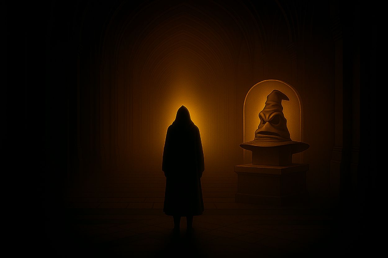 Ein düsterer Magier steht in einem gotischen Gewölbe vor einer Vitrine, in der ein alter, faltiger Zauberhut thront – Symbol für die magische Zeitenwende der modernen Fantasy.
