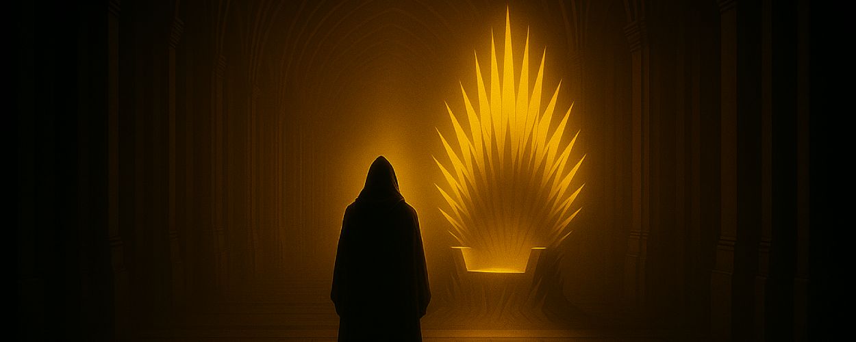 Ein digital gemaltes Labyrinth mit neonfarbenem Pfad, auf dem ein Schattenwesen vor einer Leinwand mit epischen Szenen aus Film, Spiel und Serie steht – ein Symbol für die totale Medialisierung der Fantasy im neuen Jahrtausend.