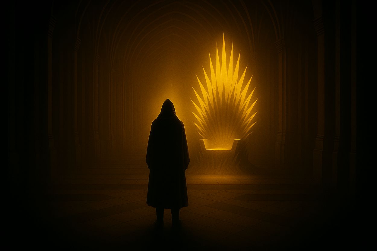 Ein digital gemaltes Labyrinth mit neonfarbenem Pfad, auf dem ein Schattenwesen vor einer Leinwand mit epischen Szenen aus Film, Spiel und Serie steht – ein Symbol für die totale Medialisierung der Fantasy im neuen Jahrtausend.