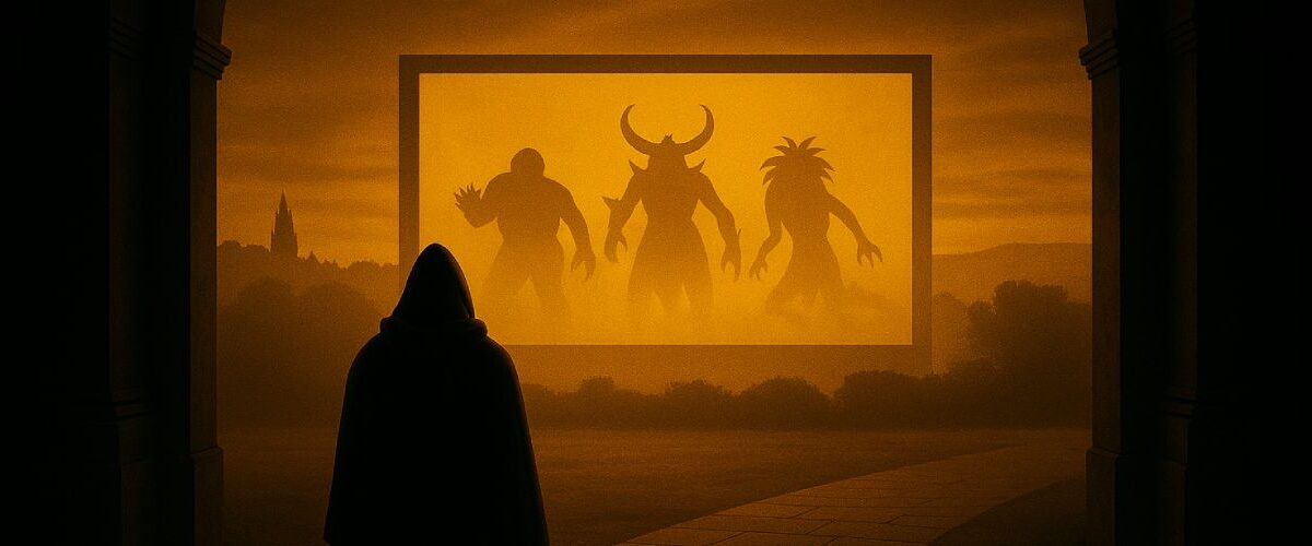 Ein vermummter Wanderer steht am Ausgang eines steinernen Labyrinths und blickt hinaus auf eine leuchtende Projektionsfläche, die ein stilisiertes Fantasymotiv zeigt – Symbol für die Verschmelzung von Buch, Leinwand und Vorstellungskraft.