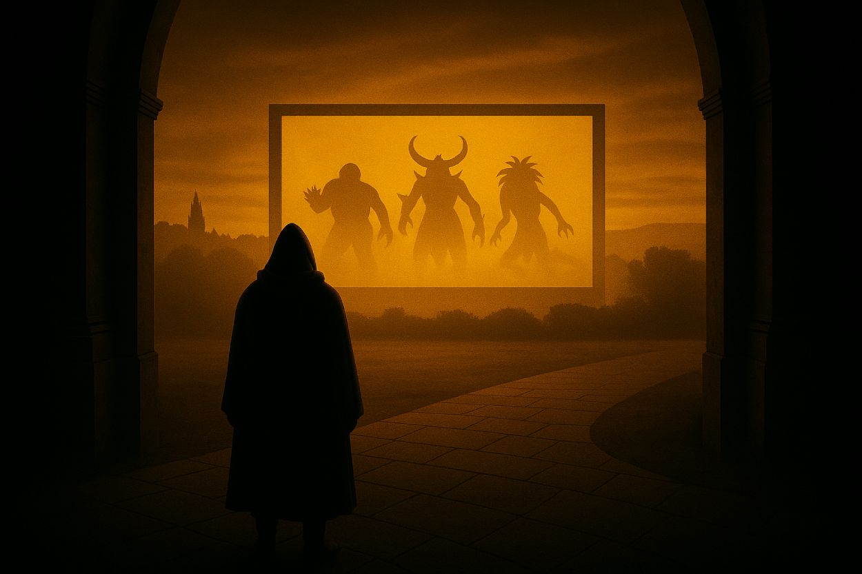 Ein digital gemaltes Labyrinth mit neonfarbenem Pfad, auf dem ein Schattenwesen vor einer Leinwand mit epischen Szenen aus Film, Spiel und Serie steht – ein Symbol für die totale Medialisierung der Fantasy im neuen Jahrtausend.