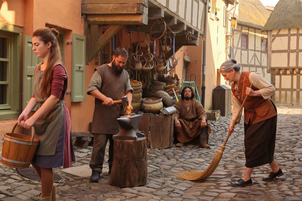 Vier nutzlose Fantasy-NPCs in einer mittelalterlichen Gasse: eine Frau mit Eimer, ein Schmied am Amboss, ein müder Händler und eine Straßenkehrerin.