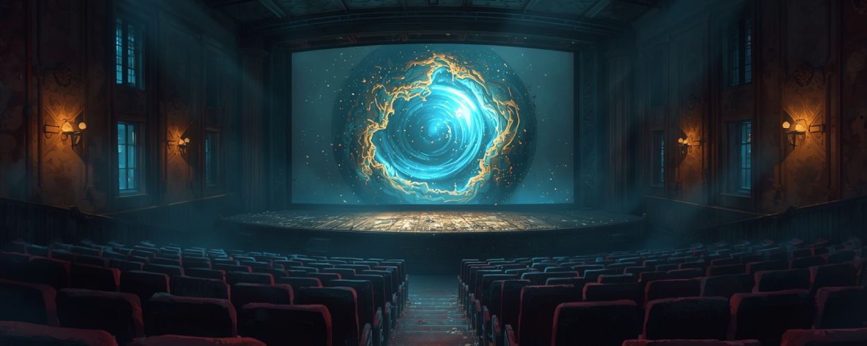 Verlassenes Kino mit rotem Samt, auf der Leinwand öffnet sich ein leuchtendes, magisches Portal – geheimnisvolle Fantasy-Stimmung zwischen Staub, Lichtstrahlen und vergessenen Reihen.