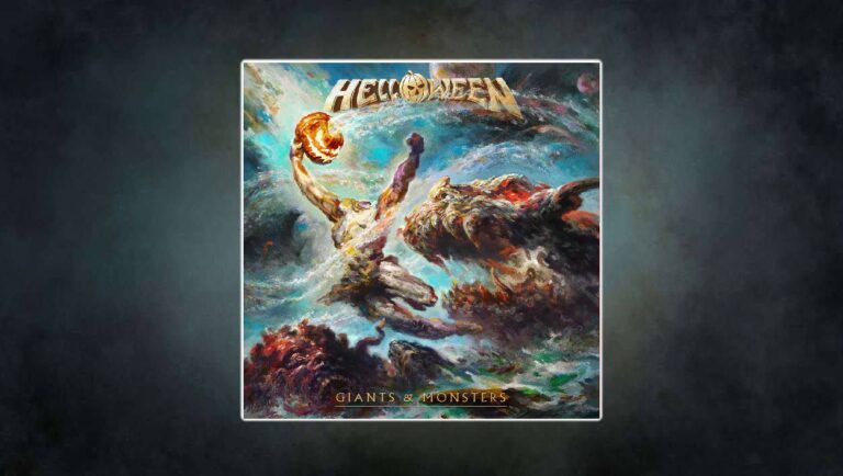 Albumcover Helloween – Giants & Monsters: Ein titanischer Krieger schwingt einen brennenden Kürbis in die Höhe und stellt sich einem gigantischen Ungeheuer entgegen. Episches Fantasy-Gemälde in leuchtenden Blau-, Rot- und Goldtönen, mit Helloween-Logo und Albumtitel.