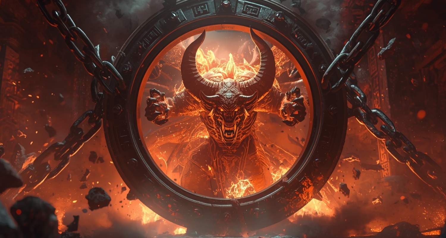 Feuriger Dämon mit Hörnern bricht durch ein riesiges, von Ketten gehaltenes Portal aus glühender Lava – dramatisches Fantasy-Release-Banner.