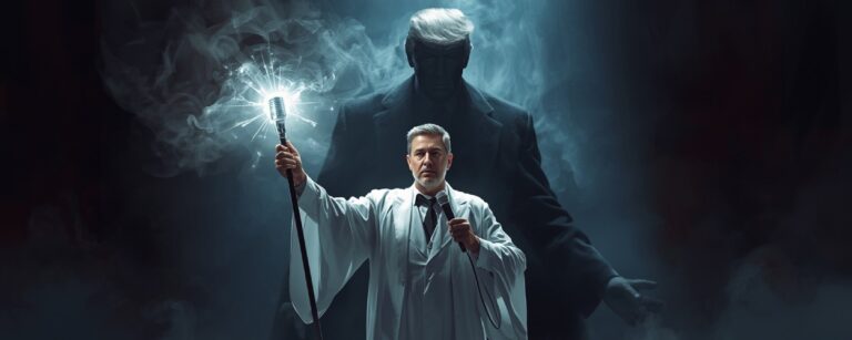 Jimmy Kimmel als weißer Magier mit leuchtendem Mikrofonstab, hinter ihm die dunkle Silhouette von Donald Trump
