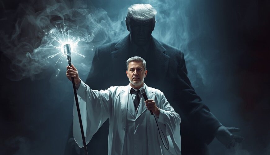 Jimmy Kimmel als weißer Magier mit leuchtendem Mikrofonstab, hinter ihm die dunkle Silhouette von Donald Trump
