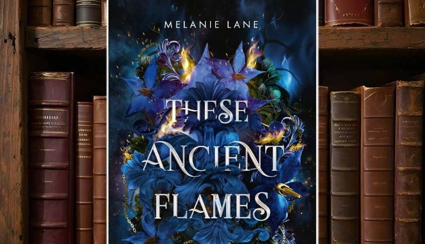 Cover von These Ancient Flames 1: Awake von Melanie Lane: Üppiges, dunkles Fantasy-Cover mit blauen Lilien, goldenen Flammenakzenten und filigranen Ornamenten. Titel in Silberprägung, unten Hinweis „mit verstecktem Farbschnitt“.
