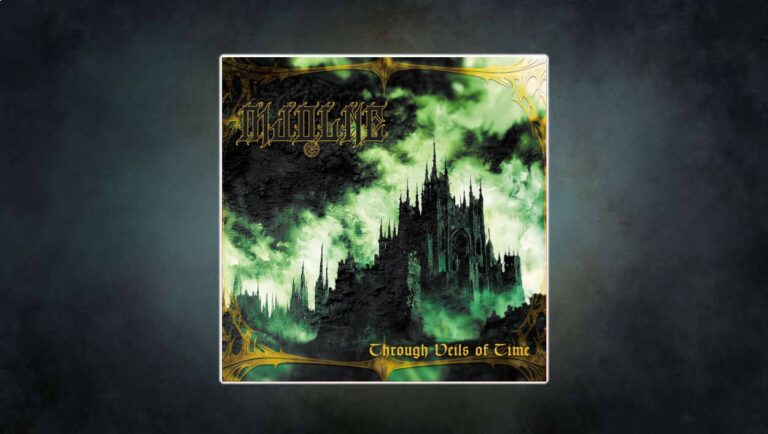 Albumcover Through Veils of Time von Mjolne: Eine gotische Kathedrale erhebt sich bedrohlich in grünen Nebeln, umrahmt von goldenen Ornamenten. Düstere, mystische Stimmung zwischen Black-Metal-Ästhetik und Fantasy-Atmosphäre.