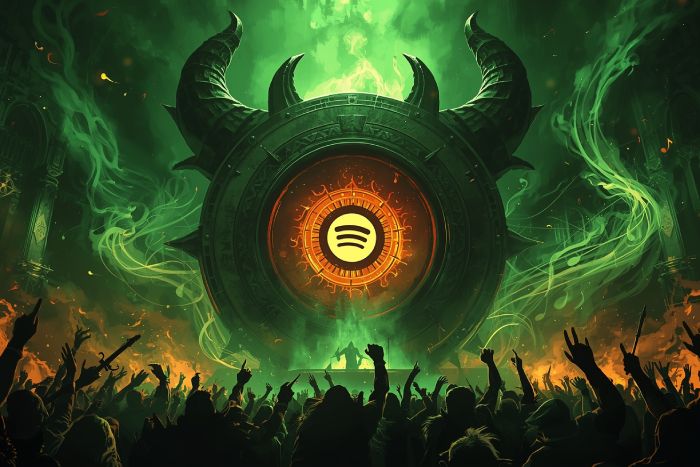 Epischer Fantasy-Banner: Ein dämonisches, grün loderndes Spotify-Emblem erhebt sich wie ein Höllentor über einer jubelnden Menschenmenge.