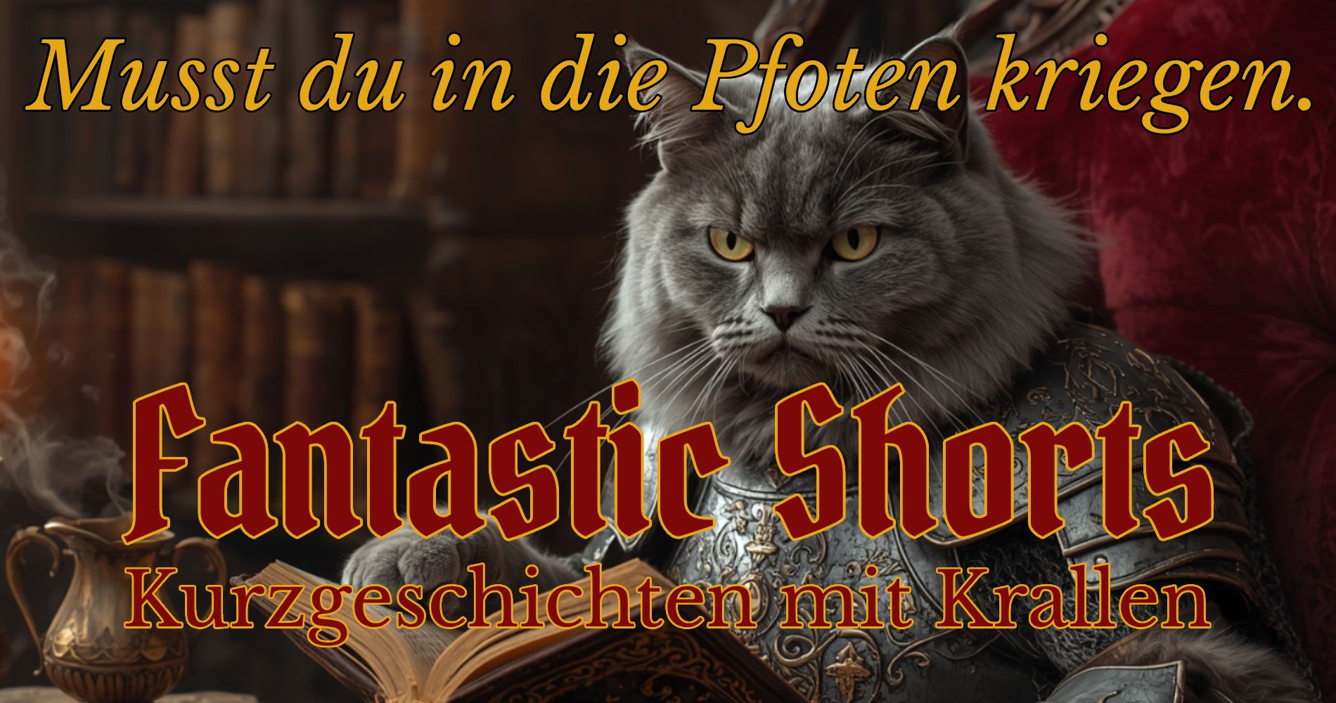 Graue Katze in Ritterrüstung blättert ernsthaft in einem alten Buch, im Hintergrund Bücherregale – Banner für Fantastic Shorts: Kurzgeschichten mit Krallen.