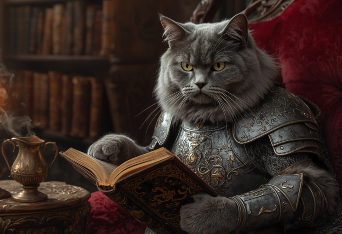 Graue Katze in Ritterrüstung blättert ernsthaft in einem alten Buch, im Hintergrund Bücherregale – Banner für Fantastic Shorts: Kurzgeschichten mit Krallen.