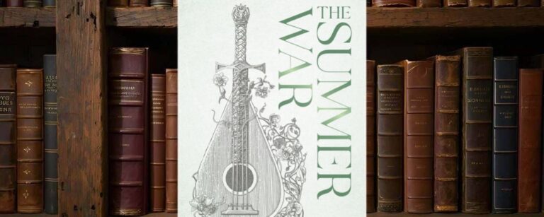 Cover von Naomi Noviks The Summer War: filigrane Illustration einer Laute, deren Hals in ein Schwert übergeht, umrankt von floralen Ornamenten, auf hellem Grund mit grünem Schriftzug.