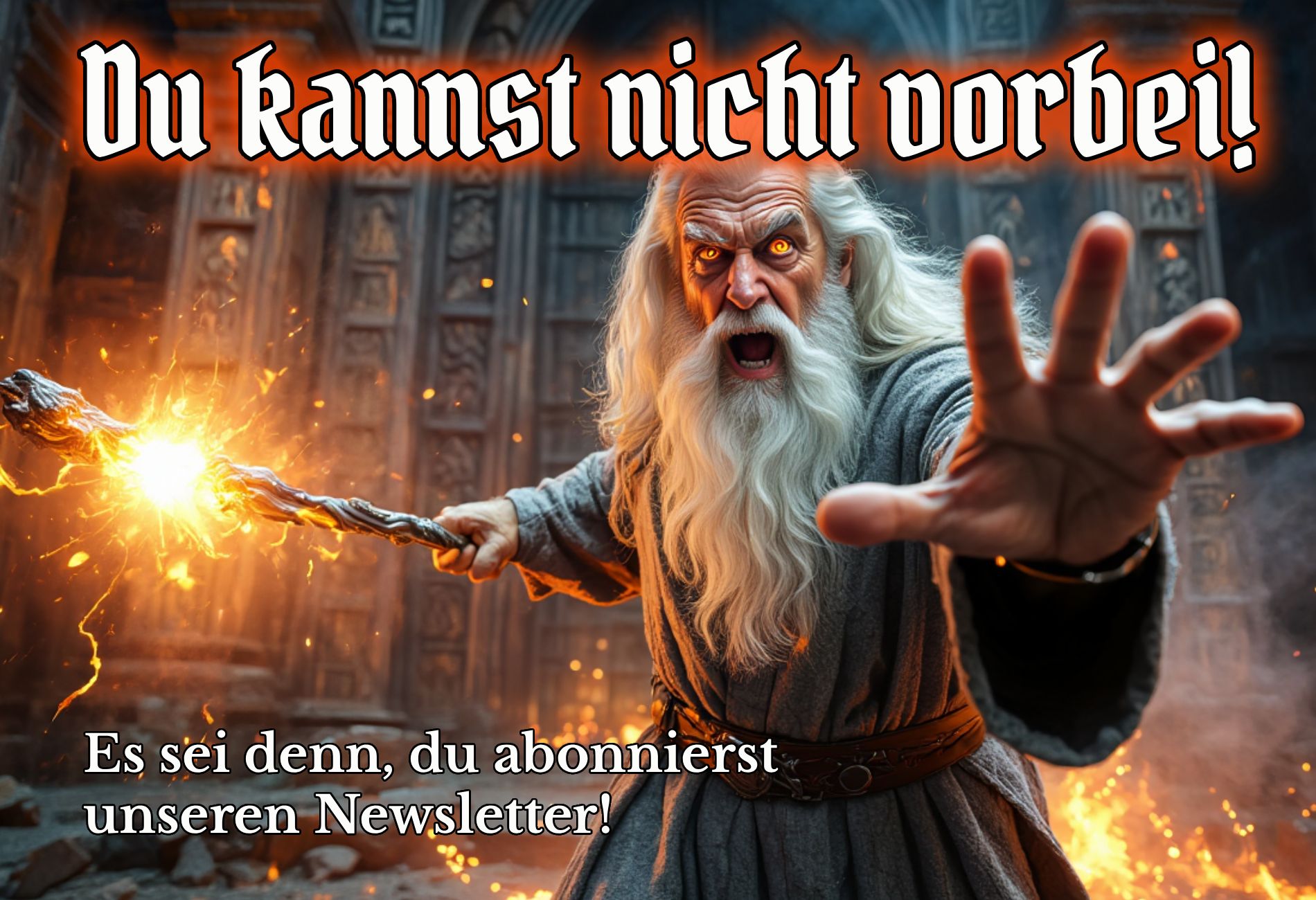 Episches Fantasy-Banner im Stil von Gandalf: Ein weißbärtiger Zauberer blockiert mit erhobenem Stab den Weg und ruft ‚Du kannst nicht vorbei!‘. Darunter der Zusatz: ‚Es sei denn, du abonnierst unseren Newsletter!‘. Rechts unten ein glühender, magischer Button mit der Aufschrift: ‚Lass mich rein, du Narr!