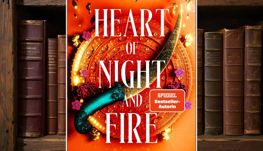 Cover von Heart of Night and Fire von Nisha J. Tuli: leuchtend orange-rote Farbpalette mit goldverziertem Rundschild und geschwungenem Dolch, umrahmt von kleinen Blüten. Zentrale Fantasy-Optik, prunkvoll und ornamental, typisches Farbschnitt-Design für eine Romantasy-Erstausgabe.