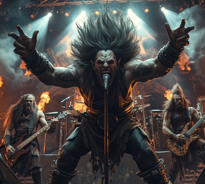 Epic fantasy heavy metal band of orcs on stage, the front singer orc headbanging toward the viewer, wild hair flying, screaming into a microphone, other orcs with guitars, troll on drums, fire and smoke effects, dark fantasy concert vibe, hyperrealistic, cinematic, raw energy