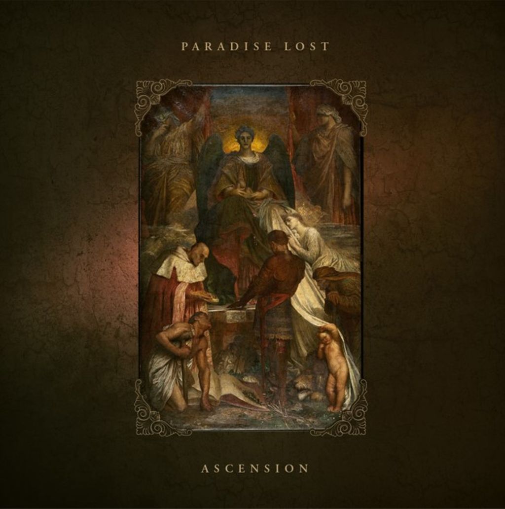 Albumcover von Ascension (2025) von Paradise Lost: ein religiös anmutendes Gemälde in Braun- und Ockertönen, zentral eine thronende Engelsgestalt, umgeben von knienden und stehenden Figuren, eingerahmt von Ornamenten – sakral, düster und feierlich.