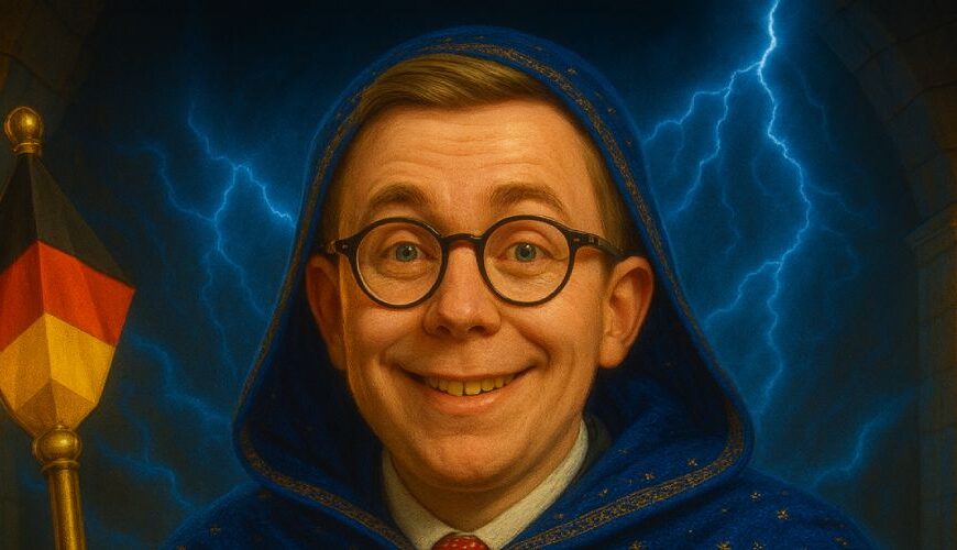 Ein junger Magier mit akkuratem Scheitel und verschmitztem Lächeln steht vor einem glühenden Portal aus Amtsenergie. Er trägt ein dunkelblaues Gewand mit goldenen Zierelementen, eine goldene Ehrenbrosche in Form eines Dollars an der Brust und hält das „Deutschlandszepter“ – ein überdimensioniertes Amtsinsignium. Der Stil ist semi-realistisch, inspiriert von klassischer Fantasy-Illustration. Die Szene wirkt feierlich, entrückt – wie ein Bewerbungsschreiben ans Schattenkabinett.