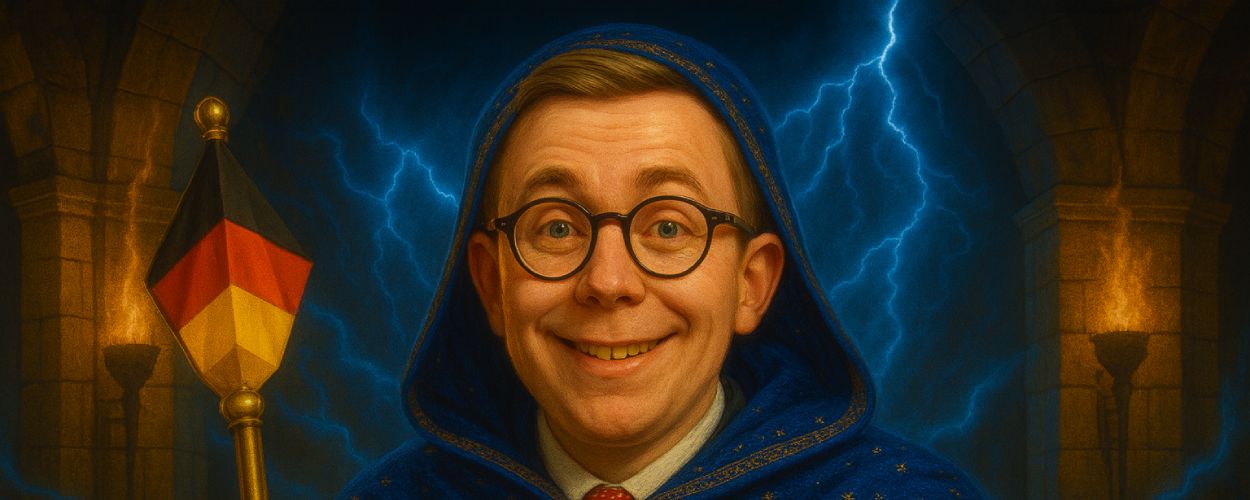 Ein junger Magier mit akkuratem Scheitel und verschmitztem Lächeln steht vor einem glühenden Portal aus Amtsenergie. Er trägt ein dunkelblaues Gewand mit goldenen Zierelementen, eine goldene Ehrenbrosche in Form eines Dollars an der Brust und hält das „Deutschlandszepter“ – ein überdimensioniertes Amtsinsignium. Der Stil ist semi-realistisch, inspiriert von klassischer Fantasy-Illustration. Die Szene wirkt feierlich, entrückt – wie ein Bewerbungsschreiben ans Schattenkabinett.