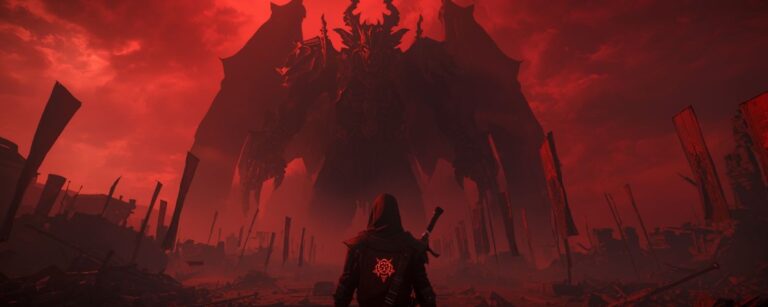 Ein vermummter Krieger mit leuchtendem Stigma auf dem Rücken steht auf einem zerstörten Schlachtfeld einem gigantischen Dämon gegenüber, unter einem blutroten Himmel, epische Dark-Fantasy-Szene aus Raven2.