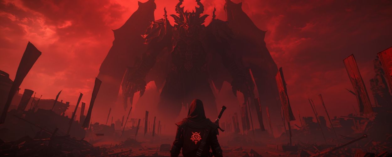 Ein vermummter Krieger mit leuchtendem Stigma auf dem Rücken steht auf einem zerstörten Schlachtfeld einem gigantischen Dämon gegenüber, unter einem blutroten Himmel, epische Dark-Fantasy-Szene aus Raven2.
