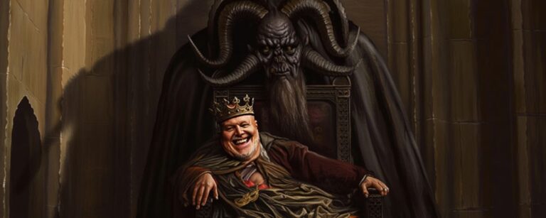 Satirisches Digitalgemälde: Stefan Raab sitzt als grinsender König auf einem dunklen Thron, im Hintergrund erhebt sich ein dämonischer Schatten mit gewaltigen Hörnern – eine groteske Anspielung auf dämonische Einflüsterungen in seiner neuen Show.