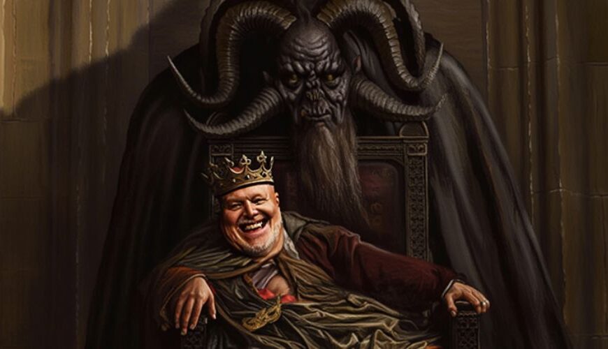 Satirisches Digitalgemälde: Stefan Raab sitzt als grinsender König auf einem dunklen Thron, im Hintergrund erhebt sich ein dämonischer Schatten mit gewaltigen Hörnern – eine groteske Anspielung auf dämonische Einflüsterungen in seiner neuen Show.
