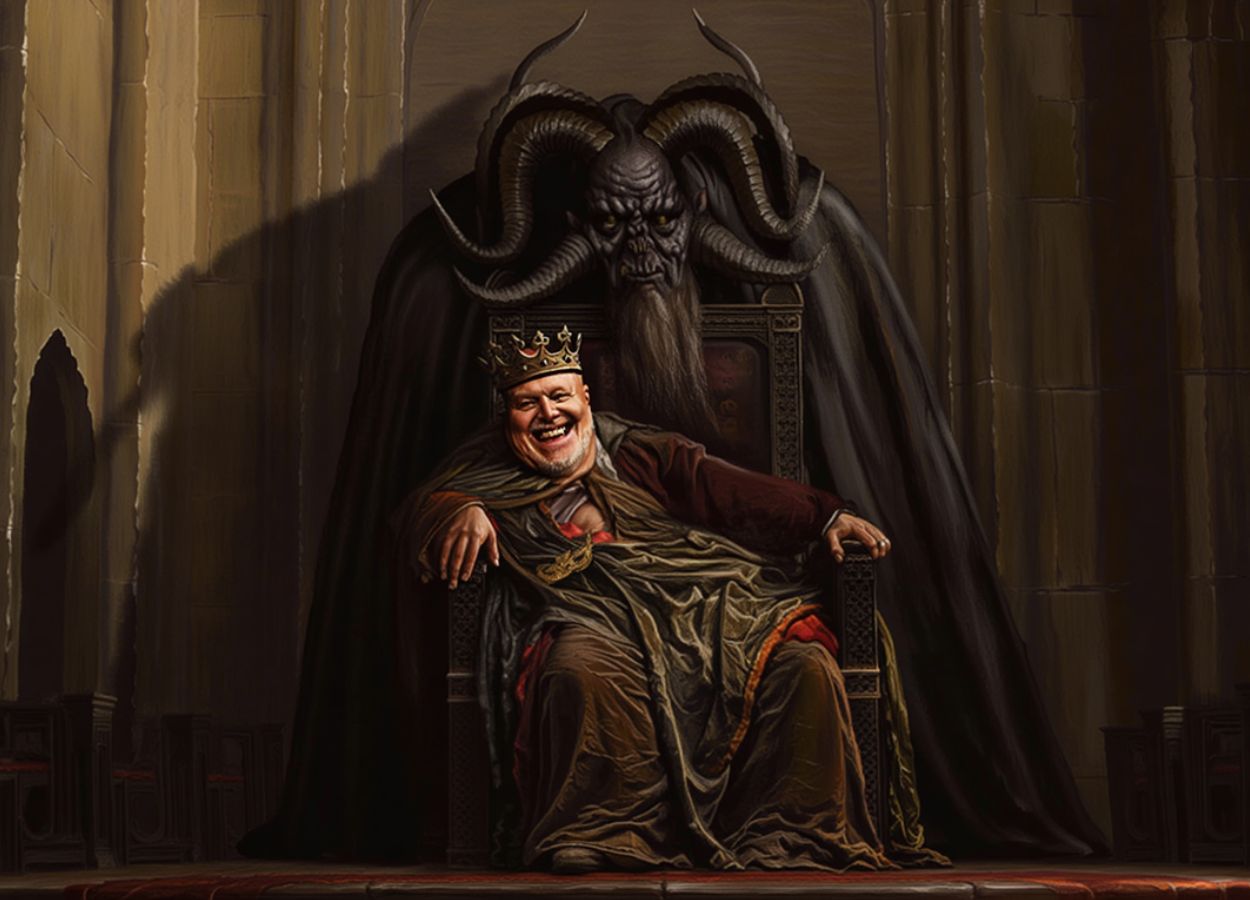 Satirisches Digitalgemälde: Stefan Raab sitzt als grinsender König auf einem dunklen Thron, im Hintergrund erhebt sich ein dämonischer Schatten mit gewaltigen Hörnern – eine groteske Anspielung auf dämonische Einflüsterungen in seiner neuen Show.