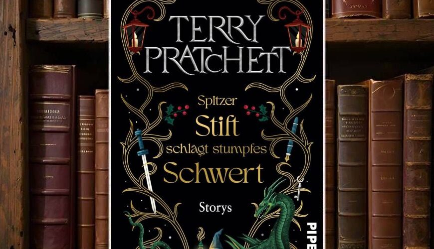 Cover von Spitzer Stift schlägt stumpfes Schwert: schwarzer Hintergrund mit verschnörkelten Ornamenten, zwei Schwerter, ein grüner Drache und ein bärtiger Zwerg mit Laute, goldene Typografie im Piper-Design, humorvolle Anmutung im klassischen Pratchett-Stil.
