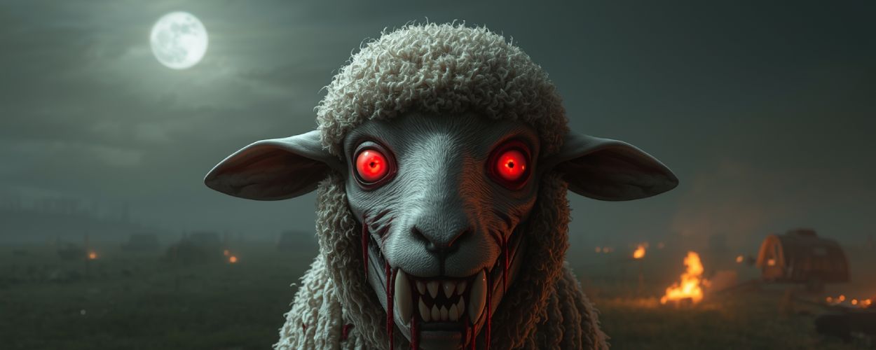 Ein blutrünstiges Mutantenschaf mit glühend roten Augen und Vampirzähnen steht im Mondlicht. Im Hintergrund brennen Feuer und Zelte – ein groteskes, aber schwarzhumoriges Fantasy-Horror-Motiv.