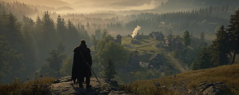 Ein einsamer Abenteurer blickt im Morgengrauen von einem Felsen auf ein mittelalterliches Dorf inmitten einer weiten Fantasy-Landschaft, umgeben von Wäldern und Bergen.